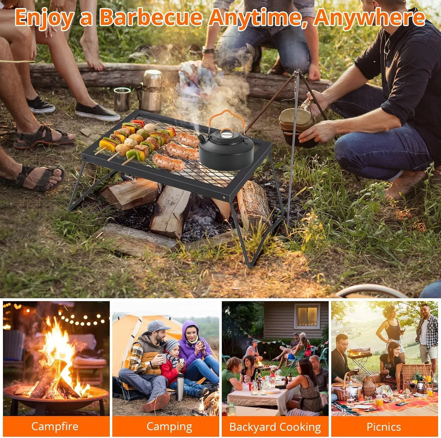 Campfire Grill Grate,17"×12.2" Campfire Cooking Grate with High-Density Grill Mesh, Heavy-Duty Steel Grill Grate,Food-Grade Coating & Foldable Legs for Outdoor BBQ, Picnics & Backyard Grilling