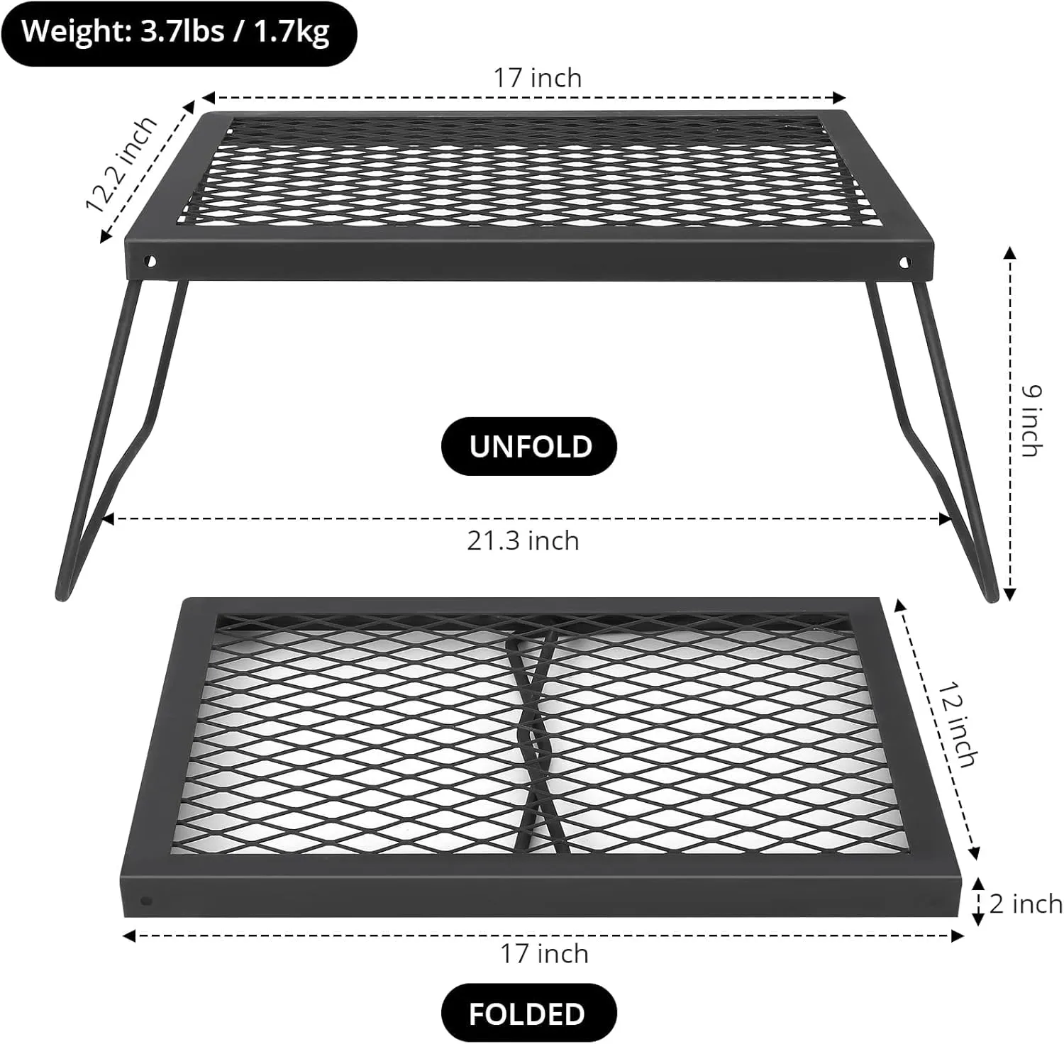 Campfire Grill Grate,17"×12.2" Campfire Cooking Grate with High-Density Grill Mesh, Heavy-Duty Steel Grill Grate,Food-Grade Coating & Foldable Legs for Outdoor BBQ, Picnics & Backyard Grilling