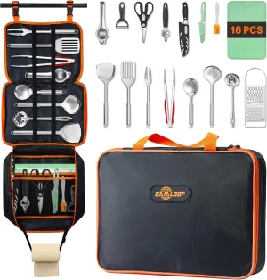 Camping Cooking Utensils 16PCS and Memory Foam Roll Up Camping Mattress Cot Size Bundle
