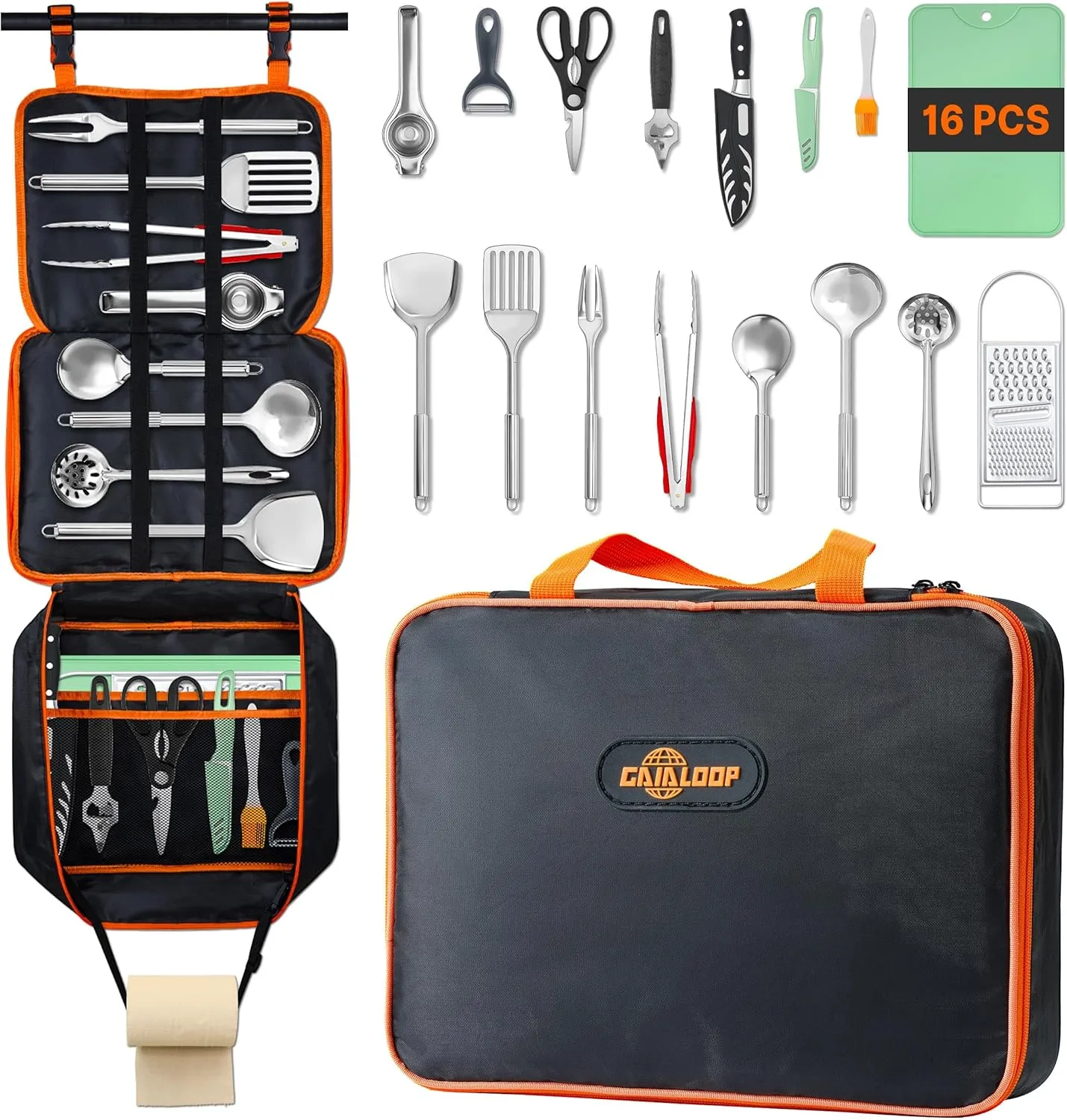 Camping Cooking Utensils 16PCS and Memory Foam Roll Up Camping Mattress Twin Size Bundle