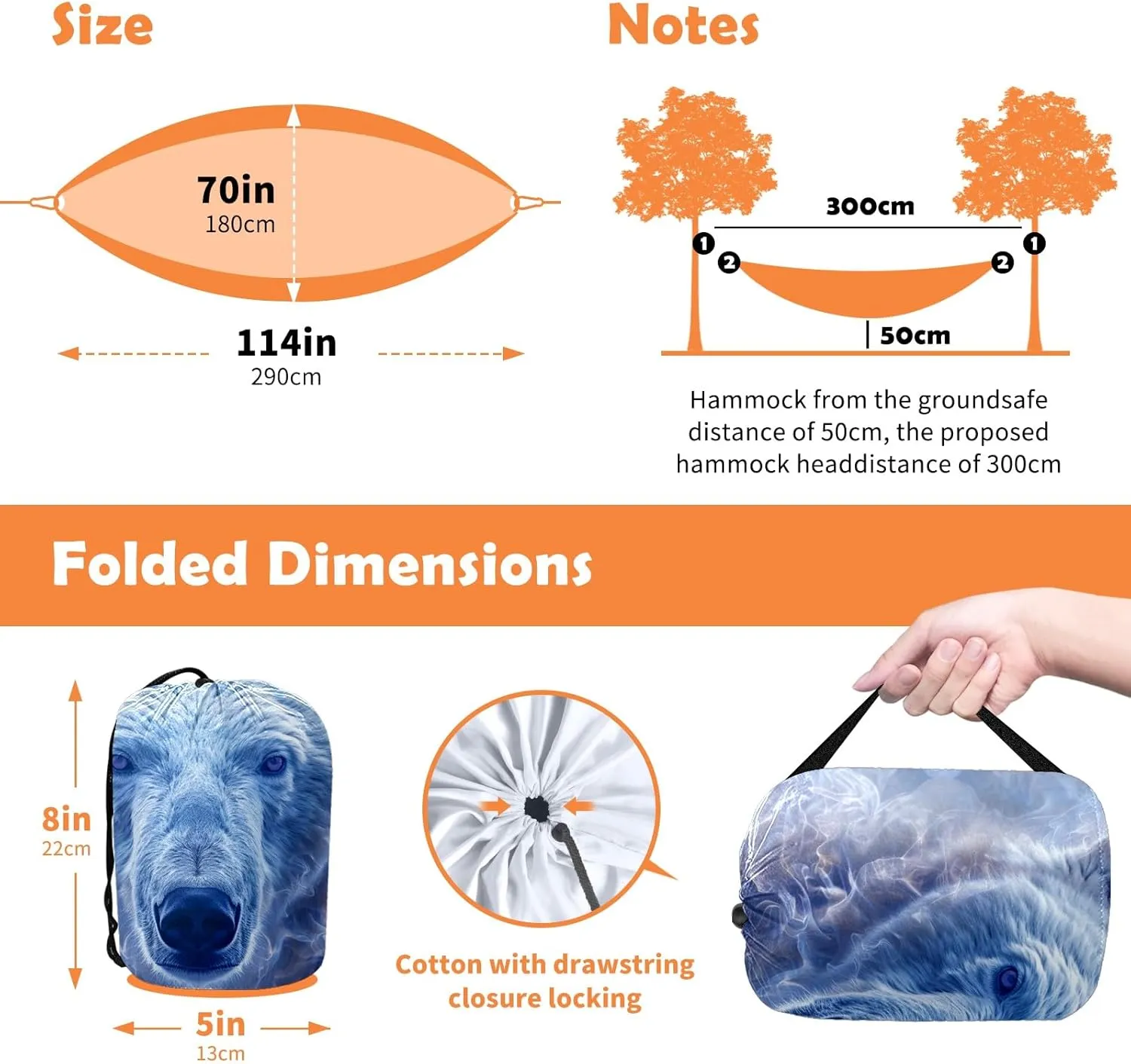 Camping Hammock Double & Single Portable Hammocks with 2 Tree Straps, Great for Hiking,Backpacking,Hunting,Outdoor,Beach,Camping, Polar Bear (26)
