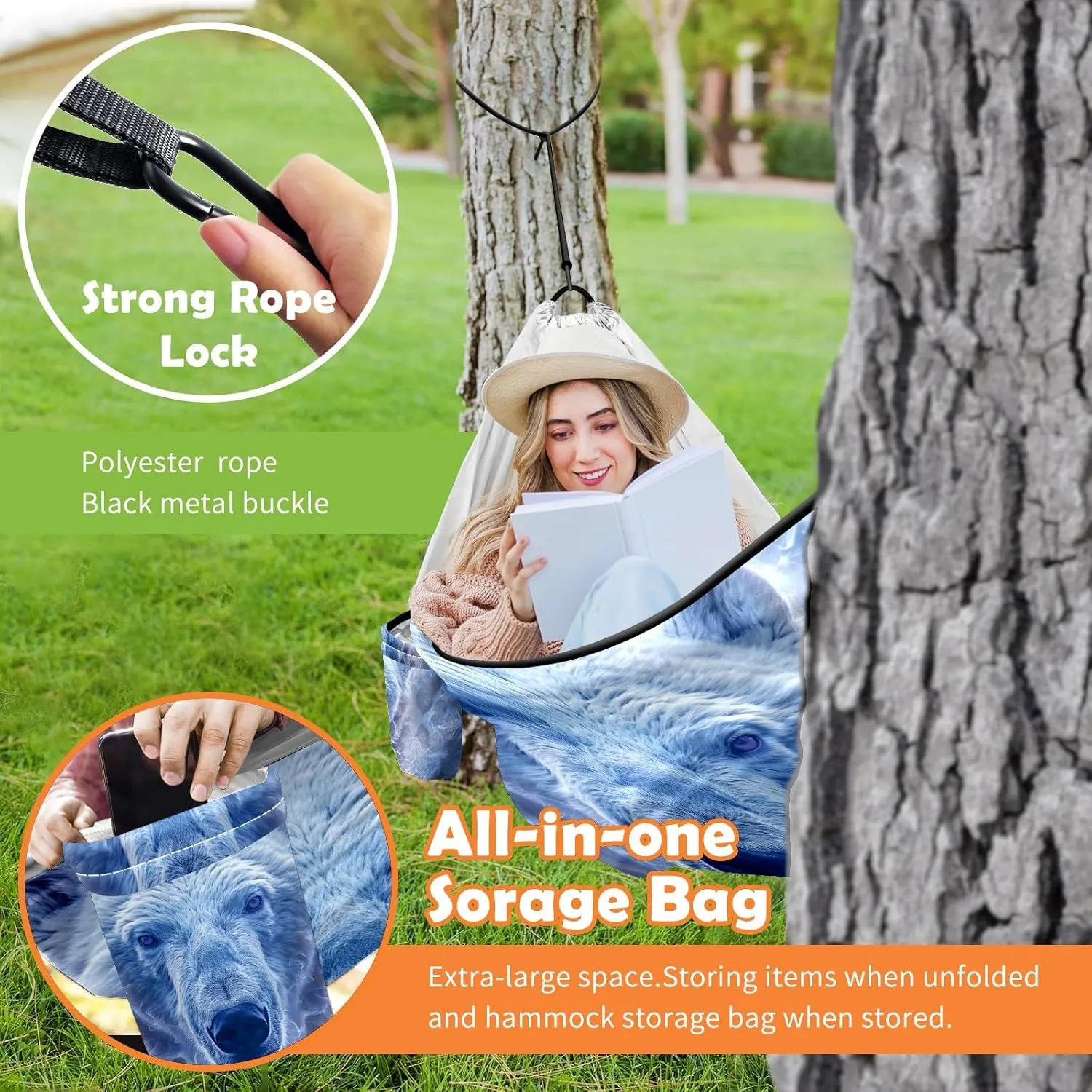 Camping Hammock Double & Single Portable Hammocks with 2 Tree Straps, Great for Hiking,Backpacking,Hunting,Outdoor,Beach,Camping, Polar Bear (26)