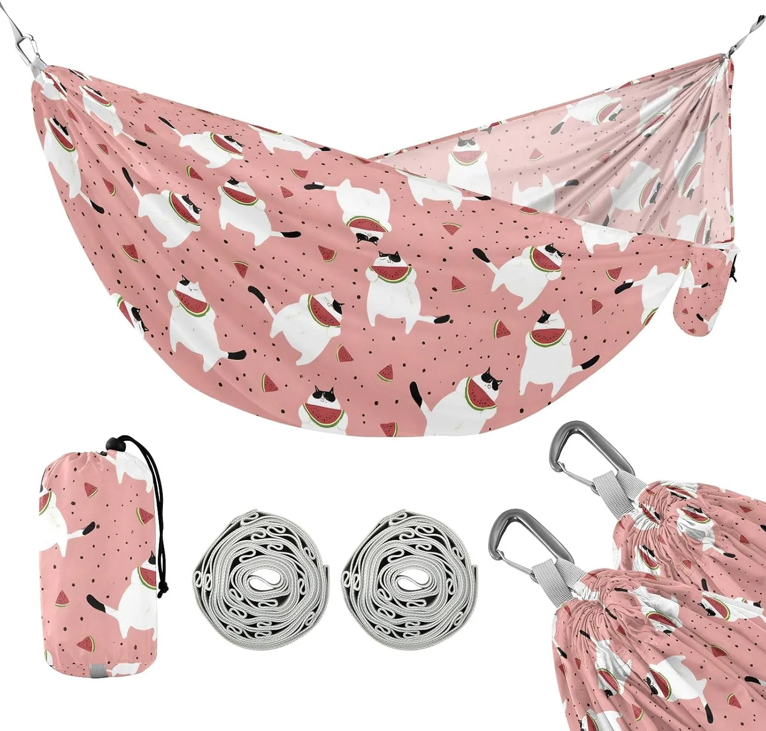 Camping Hammock Outdoor Hammocks for Outside Cat Eating Watermelon Beach Trees Portable Lightweight with Pockets Tree Straps Indoor