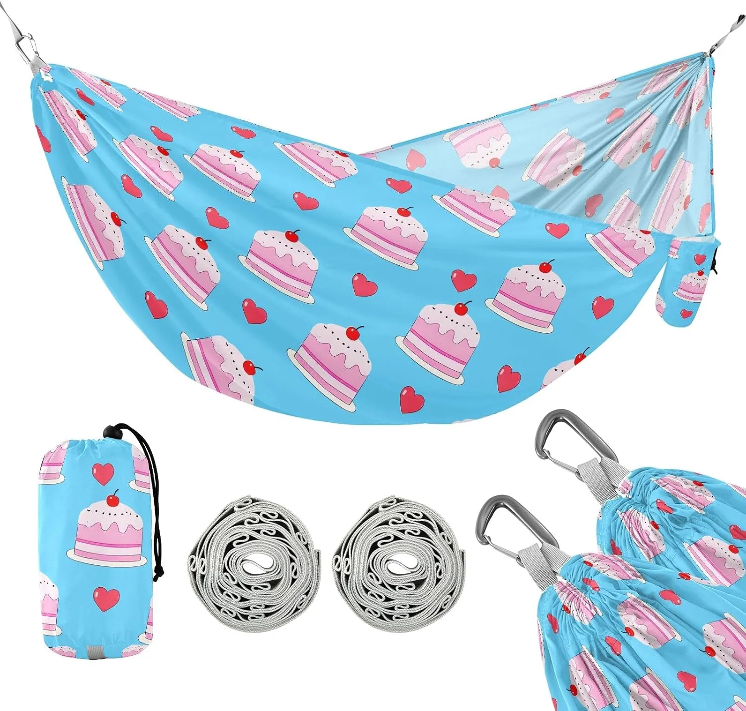Camping Hammock Outdoor Hammocks for Outside Cherry Cake Blue Beach Trees Portable Lightweight with Pockets Tree Straps Indoor