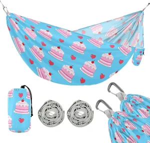 Camping Hammock Outdoor Hammocks for Outside Cherry Cake Blue Beach Trees Portable Lightweight with Pockets Tree Straps Indoor