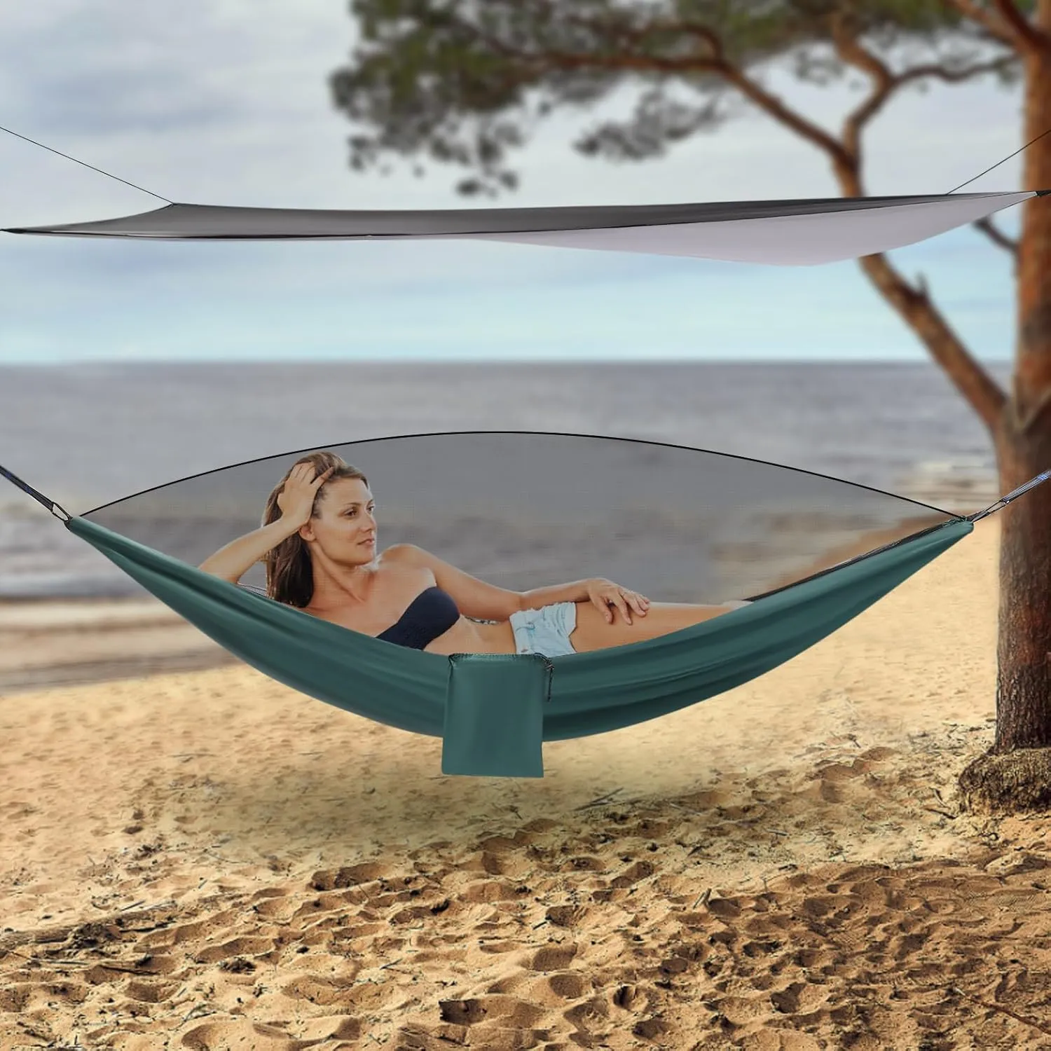 Camping Hammock, Portable Hammock with Net Tent and Rain Fly Tarp, 440.9 lbs Load-Bearing Capacity, for Indoor Outdoor Hiking Survival Travel (Black/Blackish Green)