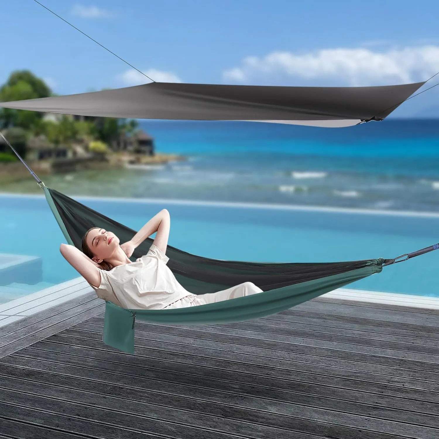 Camping Hammock, Portable Hammock with Net Tent and Rain Fly Tarp, 440.9 lbs Load-Bearing Capacity, for Indoor Outdoor Hiking Survival Travel (Black/Blackish Green)