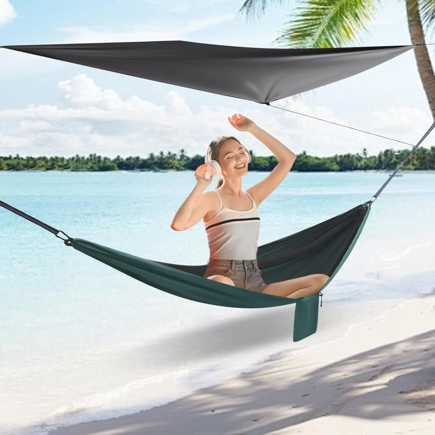 Camping Hammock, Portable Hammock with Net Tent and Rain Fly Tarp, 440.9 lbs Load-Bearing Capacity, for Indoor Outdoor Hiking Survival Travel (Black/Blackish Green)