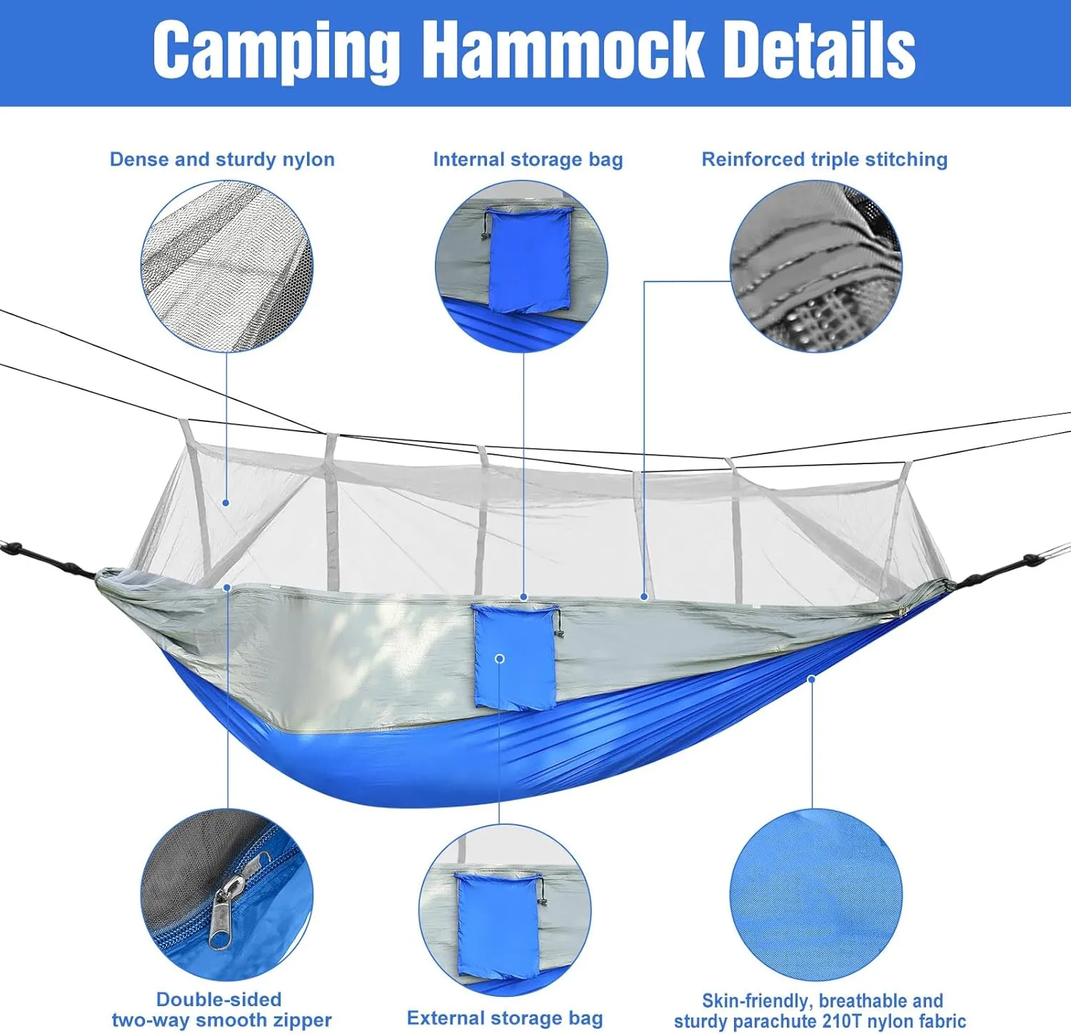 Camping Hammock, Portable Hammocks with Mosquito Net, 600lbs Load 2 Persons Hammock Tent Nylon Parachute Hammock with Strap Hook for Outdoor Hiking Survival Travel, Camping Gear (Gray Blue)