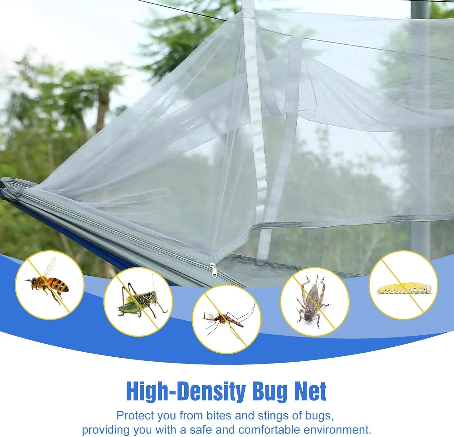 Camping Hammock, Portable Hammocks with Mosquito Net, 600lbs Load 2 Persons Hammock Tent Nylon Parachute Hammock with Strap Hook for Outdoor Hiking Survival Travel, Camping Gear (Gray Blue)