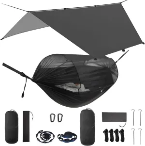 Camping Hammock with Mosquito Net & Rain Fly – Lightweight & Portable Hammock with Waterproof Tarp, Easy Setup for Hiking, Backpacking, and Outdoor Camping