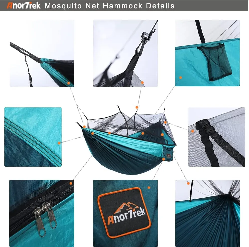 Camping Hammock with Mosquito Net, Double & Single Lightweight Portable Hammocks with Tree Straps, Parachute Hammock for Camping, Backpacking