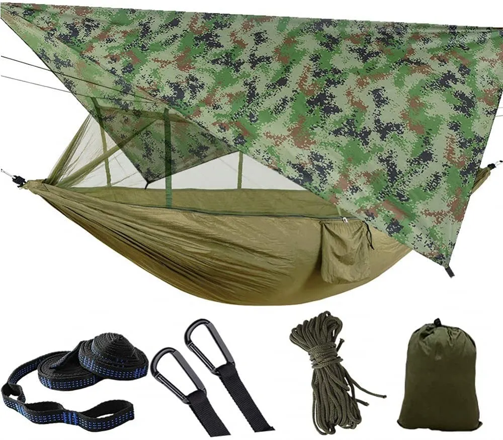 Camping Hammock with Tarp Ultralight Breathable Nylon Travel Hammock Swing for Hiking Travel Yard Picnic Backpack Beach-Light Green(Army Green)