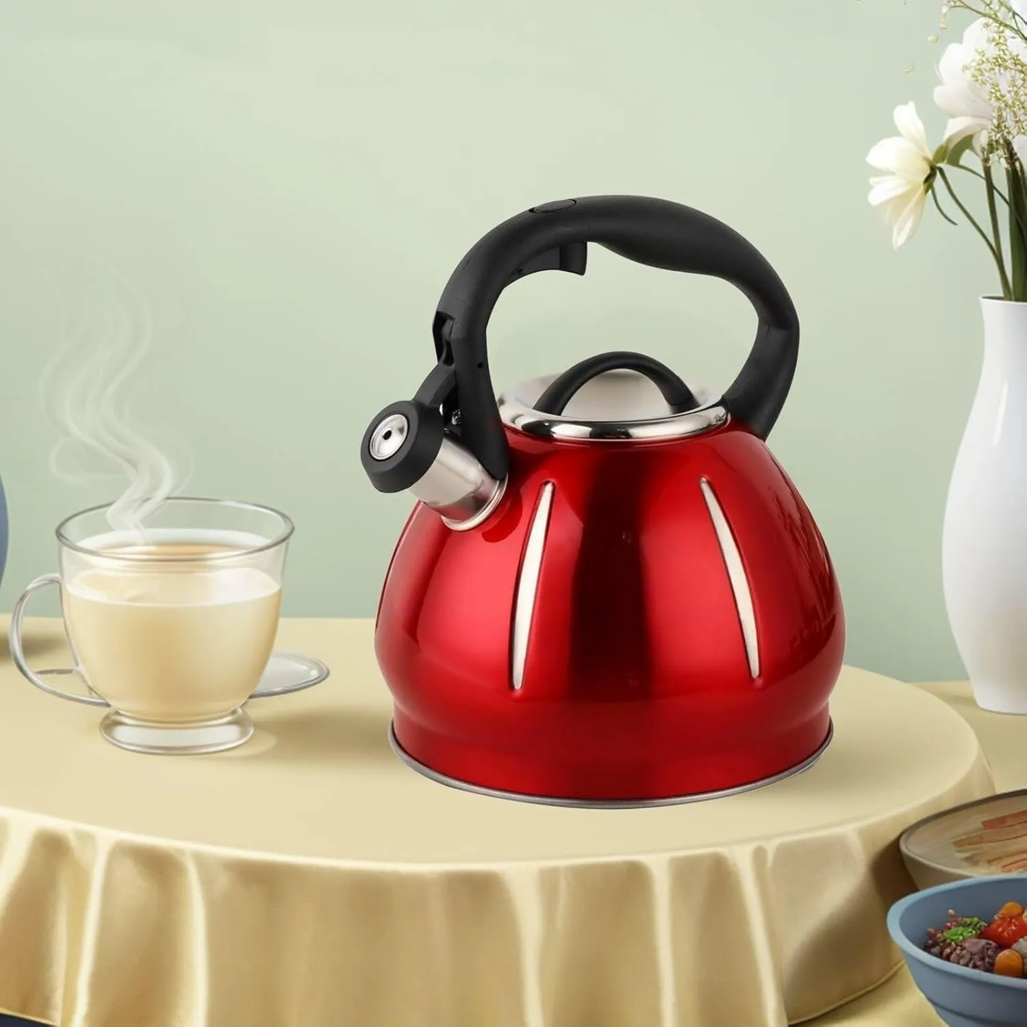 Camping Teapot, 304 Stainless Steel Tea Kettle for Stove Top Anti Heat Handle with A Touch Button Universal Base for Induction | Gas | Electric | Halogen |