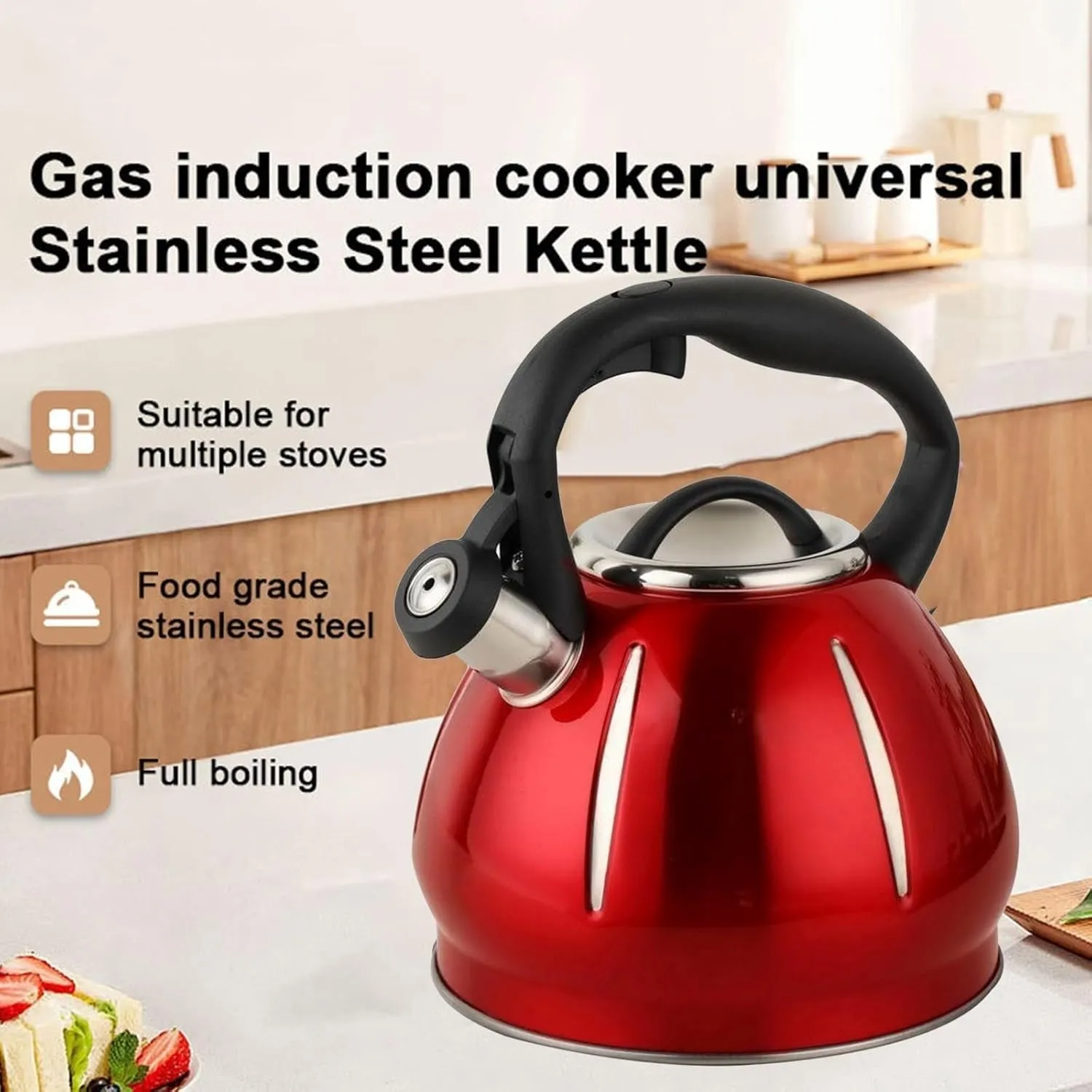 Camping Teapot, 304 Stainless Steel Tea Kettle for Stove Top Anti Heat Handle with A Touch Button Universal Base for Induction | Gas | Electric | Halogen |