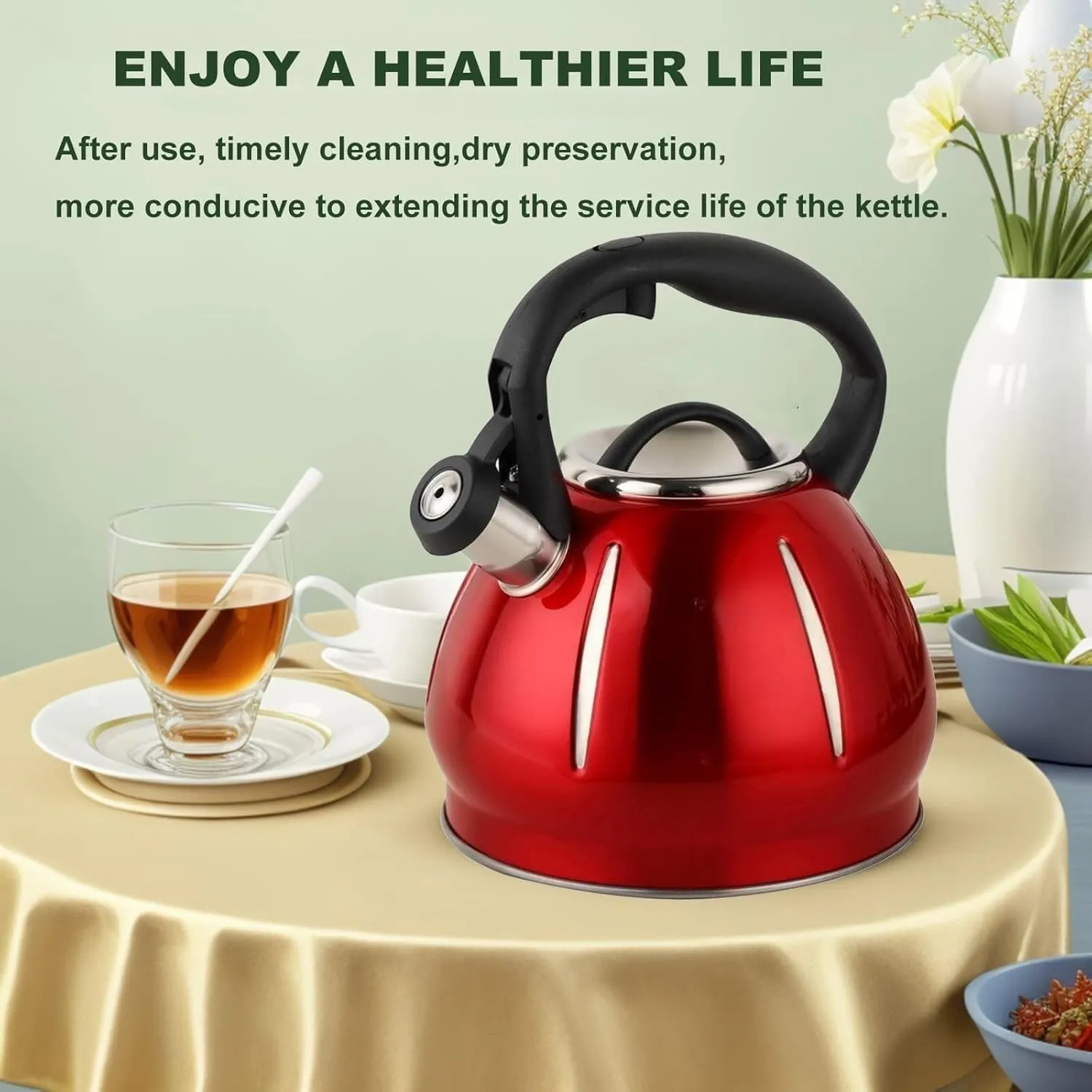 Camping Teapot, 304 Stainless Steel Tea Kettle for Stove Top Anti Heat Handle with A Touch Button Universal Base for Induction | Gas | Electric | Halogen |