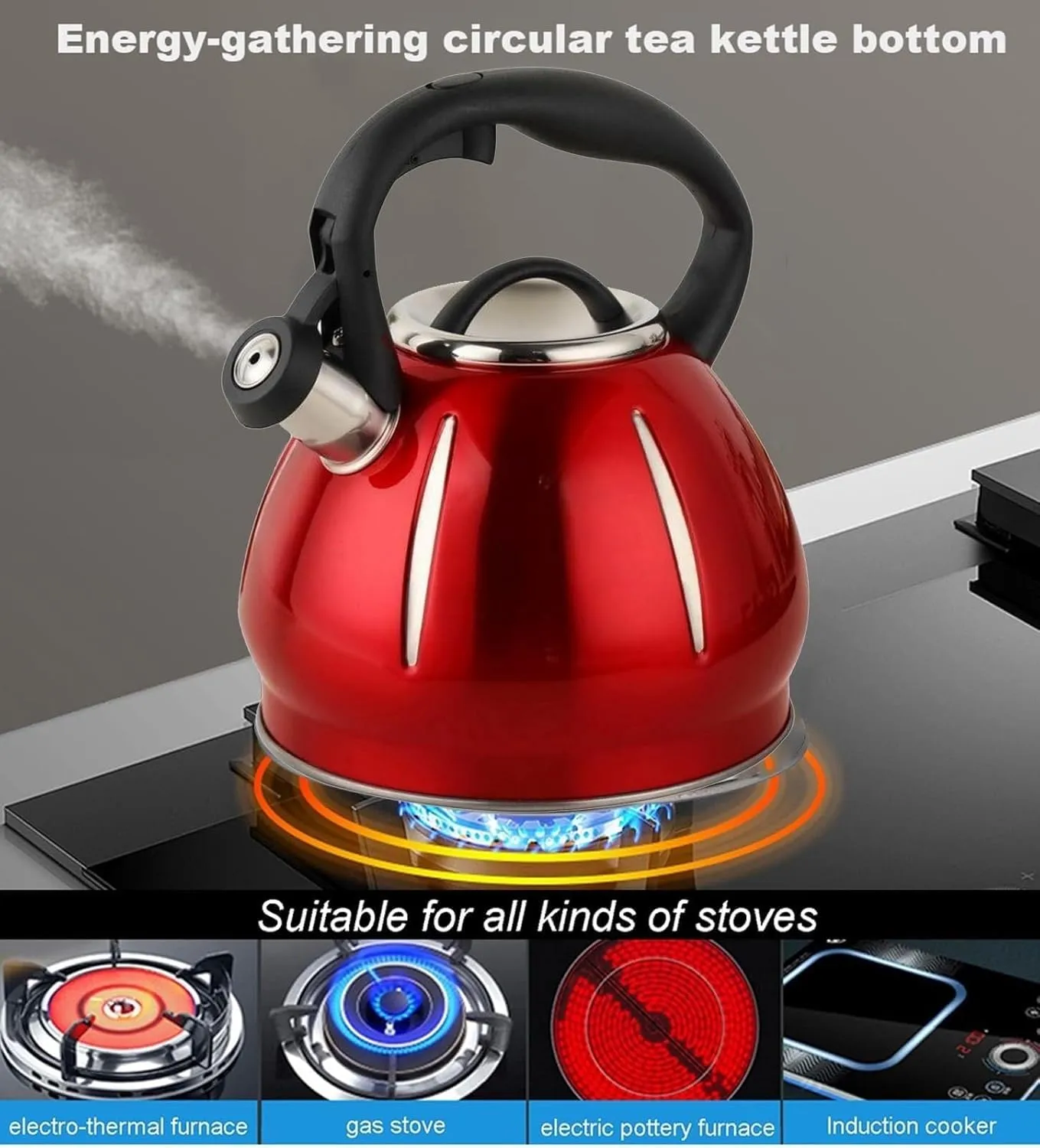 Camping Teapot, Tea Kettle for Stove Top, Whistling Teapot, a-Button Opening and Closing Design, for Boiling Water Coffee or Milk