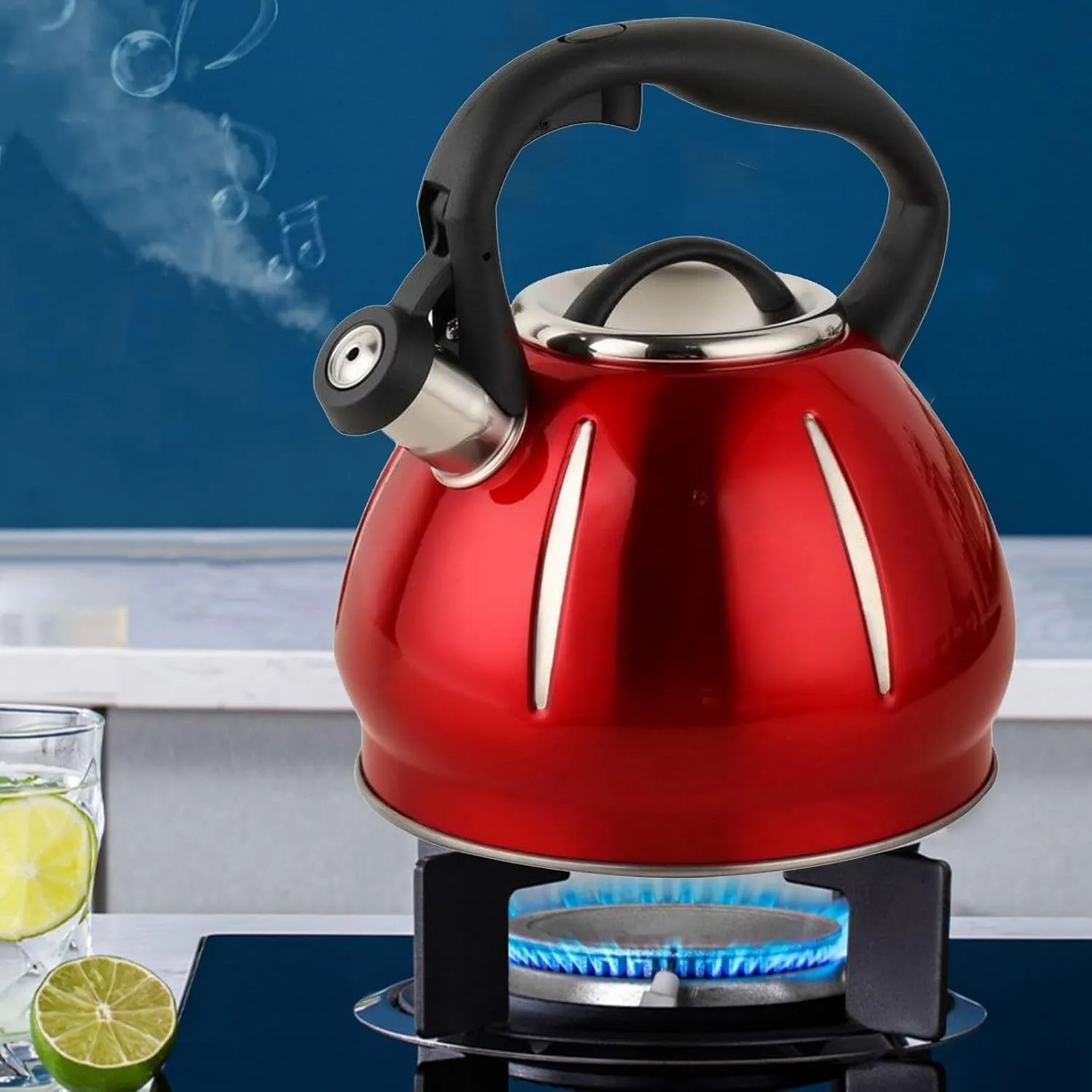 Camping Teapot, Tea Kettle for Stove Top, Whistling Teapot, a-Button Opening and Closing Design, for Boiling Water Coffee or Milk