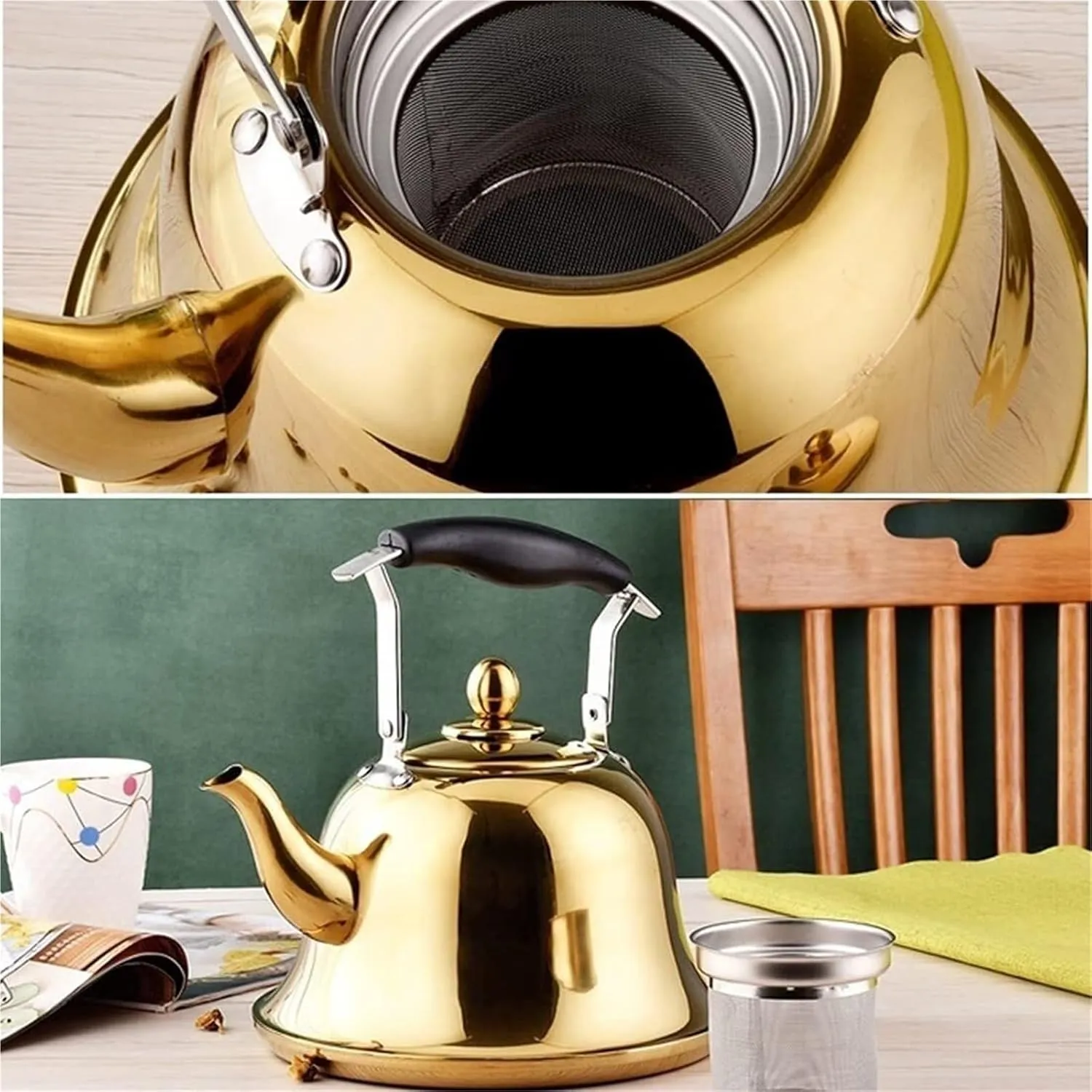 Camping Teapot, Tea Kettle stovetop, 2.1 Quart 304 Stainless Steel Whistling Teapot with Infuser - Elegant Kettle for Stove Top Brewing