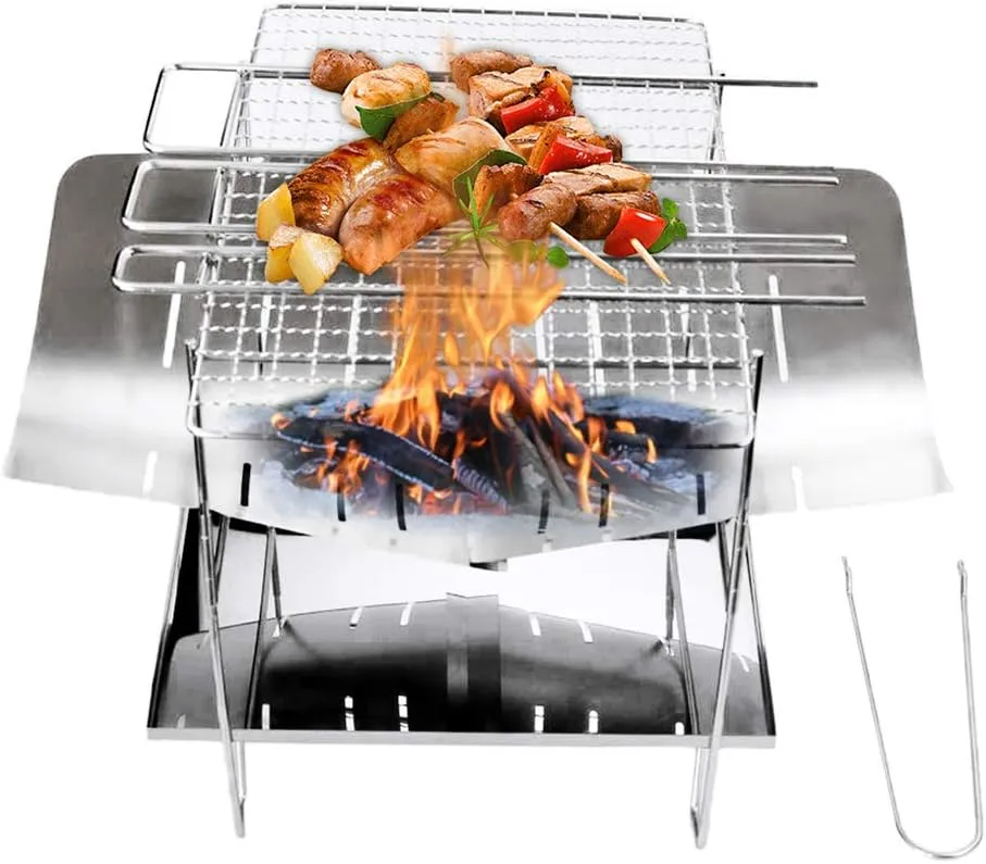 Camping Wood Stove Grill Folding Stainless Steel Firewood Buring Stove for Camping Cooking Picnic BBQ
