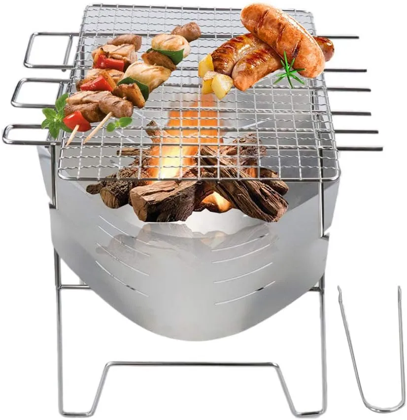 Camping Wood Stove Grill Folding Stainless Steel Firewood Buring Stove for Camping Cooking Picnic BBQ