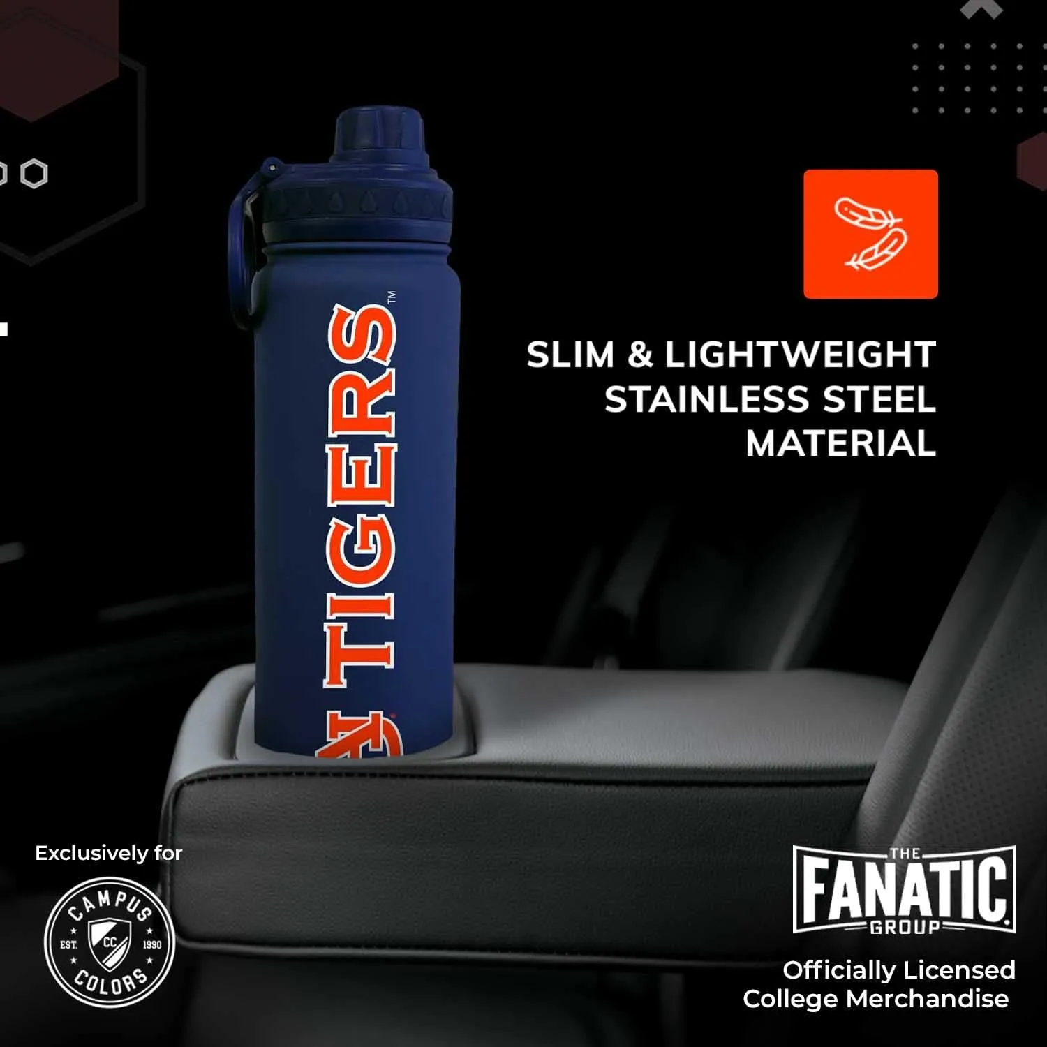 Campus Colors NCAA Stainless Steel Water Bottle - Twist on cap - 24 oz - Carry Clip - Keeps Your Drinks Hot or Cold for Hours (Auburn Tigers - Navy)