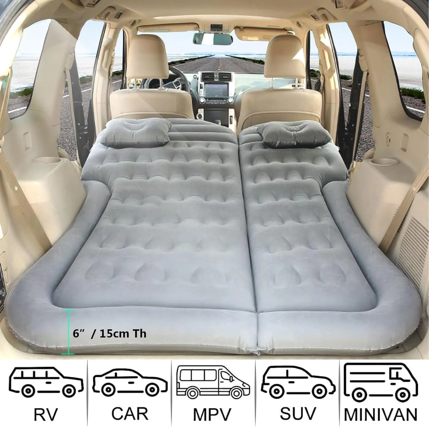Car Air Mattress for Nissan Leaf 2011-2018 ZE0, Trunk Rear Seat Inflatable Thickened Flocking Travel Camping Bed, Air Pump 2 Pillows,Grey