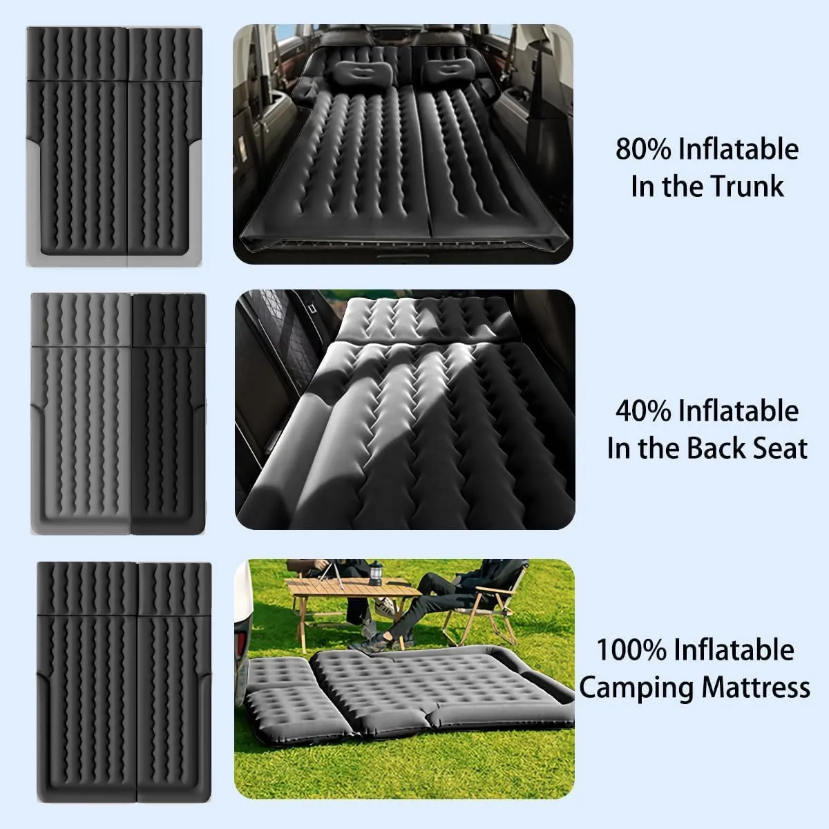 Car Air Mattress for Nissan Leaf 2011-2018 ZE0, Trunk Rear Seat Inflatable Thickened Flocking Travel Camping Bed, Air Pump 2 Pillows,Grey