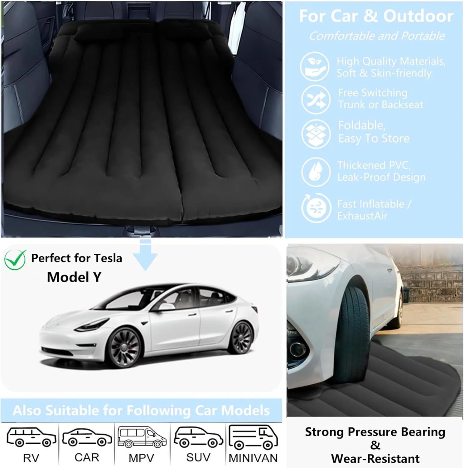 Car Air Mattress, Inflatable Bed Compatible with Tesla Model Y Mattress for SUV Truck RV Van Backseat Trunk, 6.4 ft Portable & Foldable Car AirBed Sleeping Pad for Tent Travel Camping Essentials Black