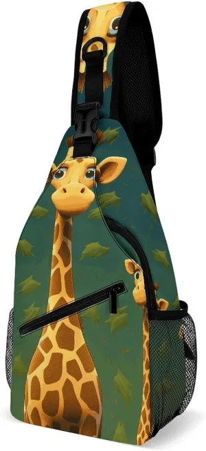 Cartoon Giraffe Sling Bag with Rfid Blocking Causal Mens Crossbody Bag Lightweight Chest Pack Large Man Purse Travel Crossbody Backpack Shoulder Sling Backpack for Hiking Running Cycling
