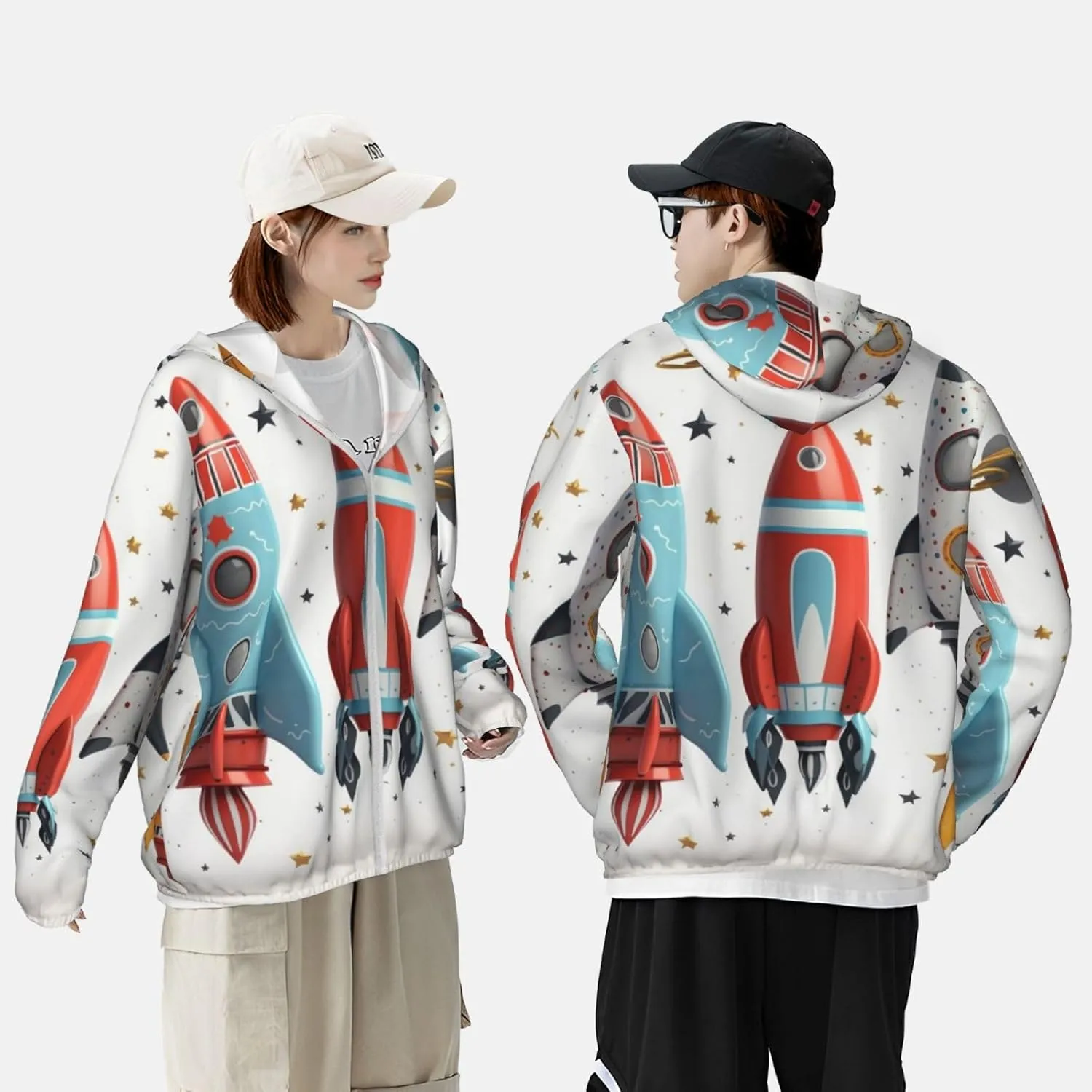Cartoon Rockets Men's Sun Shirts UPF 50  Women's Sun Protection Hoodie Jacket Long Sleeve Rash Guard