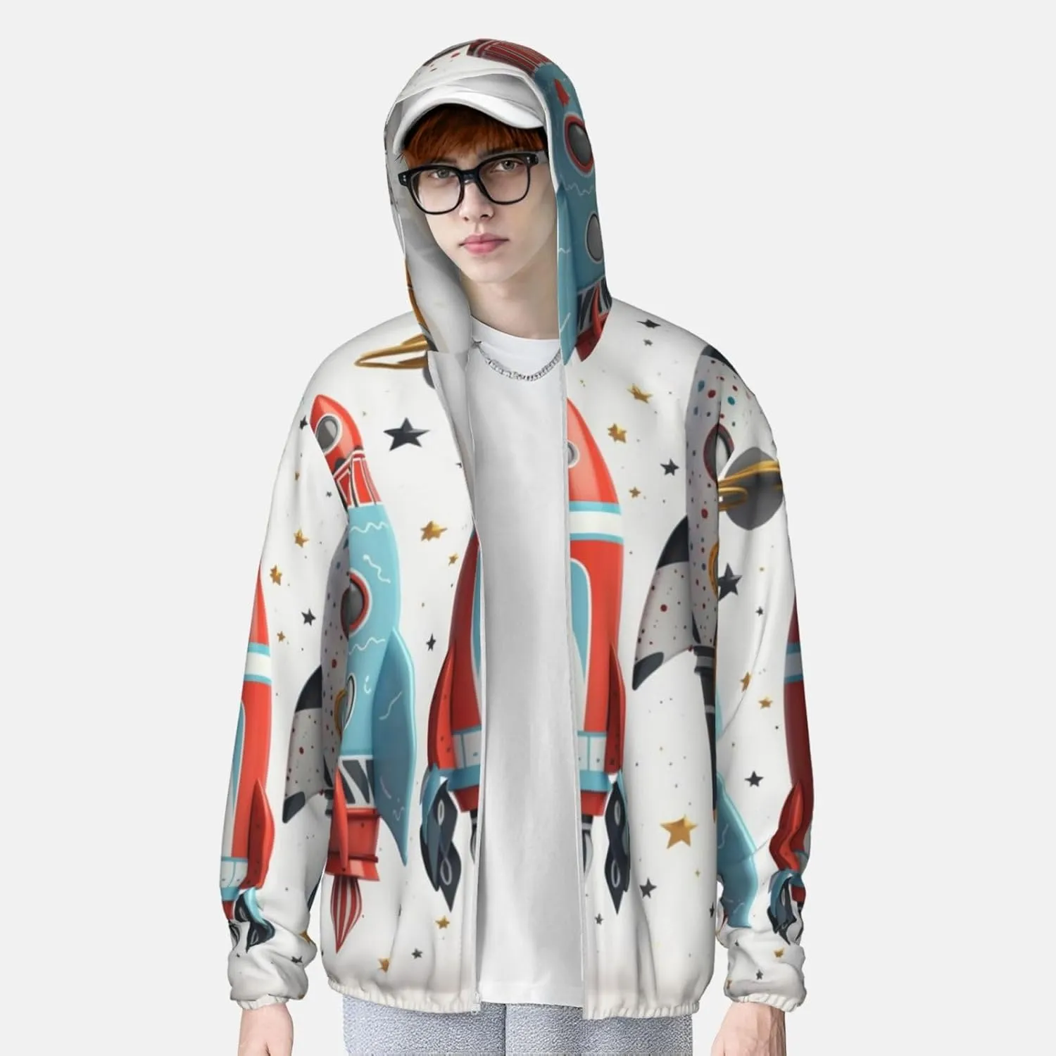 Cartoon Rockets Men's Sun Shirts UPF 50  Women's Sun Protection Hoodie Jacket Long Sleeve Rash Guard