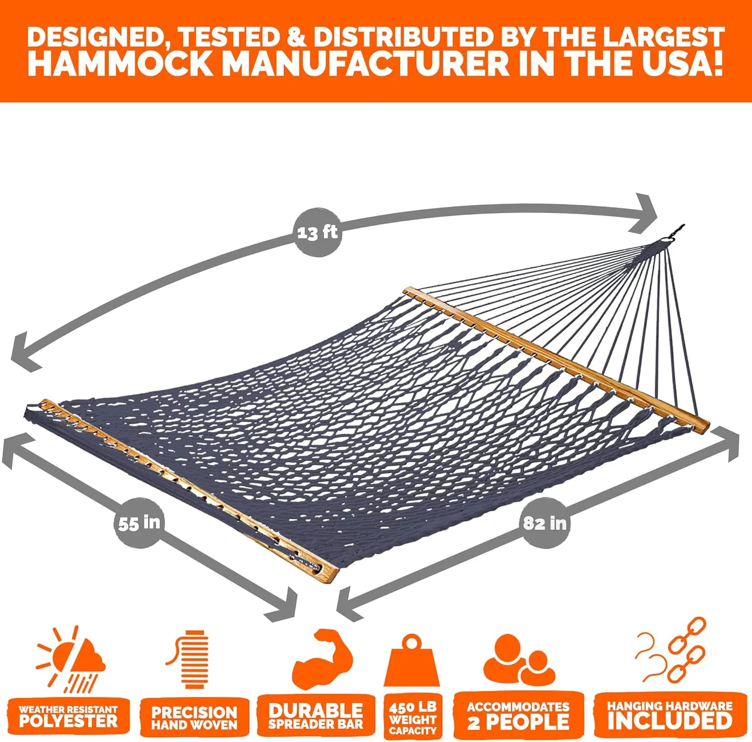 Castaway Living 13 ft. Double Traditional Hand Woven Navy Polyester Rope Hammock with Free Extension Chains, and Tree Hook, for 2 People with a Weight Capacity of 450 lbs.