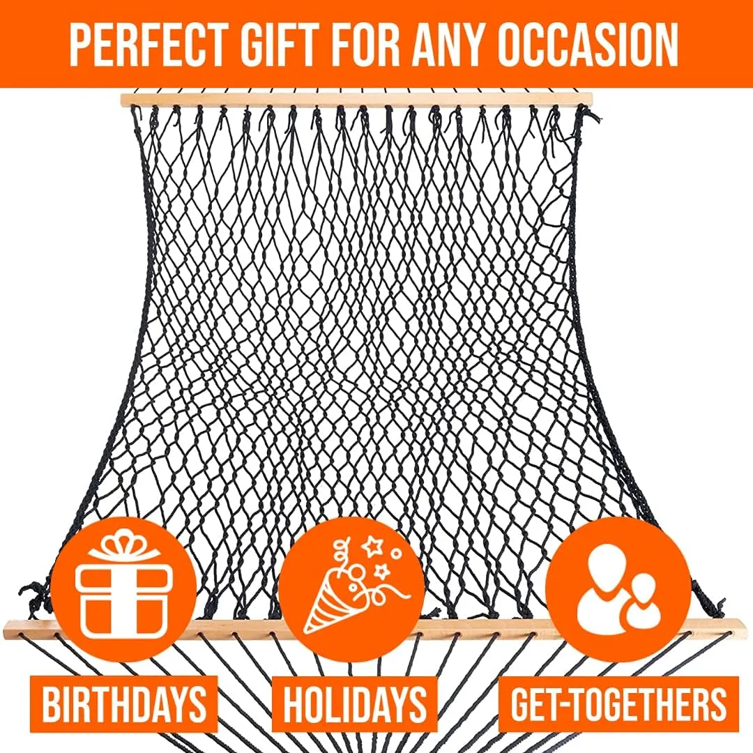 Castaway Living 13 ft. Double Traditional Hand Woven Navy Polyester Rope Hammock with Free Extension Chains, and Tree Hook, for 2 People with a Weight Capacity of 450 lbs.