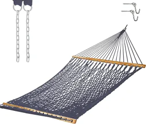 Castaway Living 13 ft. Double Traditional Hand Woven Navy Polyester Rope Hammock with Free Extension Chains, and Tree Hook, for 2 People with a Weight Capacity of 450 lbs.