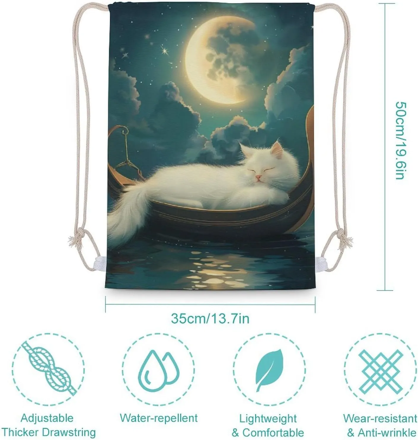 Cat Boat And Ocean Sleeping Drawstring Backpack Canvas Gym Sackpack Sport Storage Bag for Men Women 35x50cm