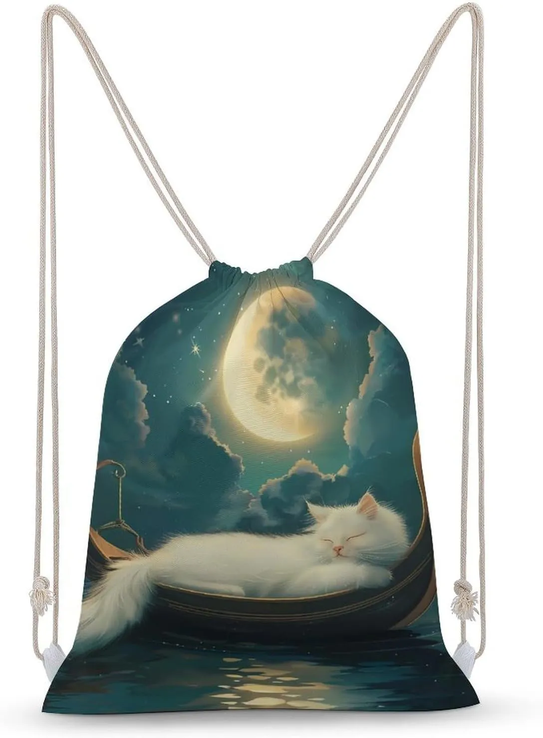 Cat Boat And Ocean Sleeping Drawstring Backpack Canvas Gym Sackpack Sport Storage Bag for Men Women 35x50cm