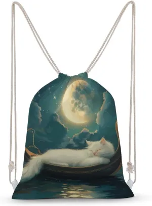 Cat Boat And Ocean Sleeping Drawstring Backpack Canvas Gym Sackpack Sport Storage Bag for Men Women 35x50cm
