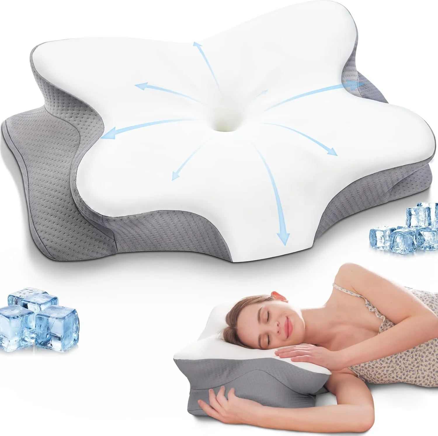 Cervical Pillow for Neck and Shoulder Pain Relief Contour Pillow Ergonomic Neck Support Pillow for Side Back Stomach Sleepers with Cooling Pillowcase, White&Grey