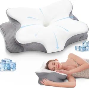 Cervical Pillow for Neck and Shoulder Pain Relief Contour Pillow Ergonomic Neck Support Pillow for Side Back Stomach Sleepers with Cooling Pillowcase, White&Grey