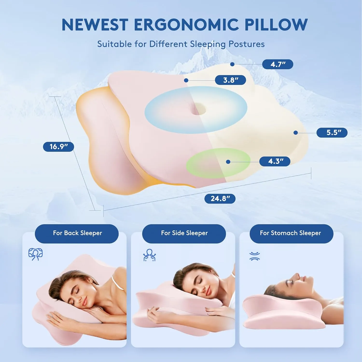 Cervical Pillow for Neck Pain Relief, Cooling Contour Memory Foam Pillows Support Odorless Ergonomic Neck Pillow Adjustable Orthopedic Bed Pillow for Side Back Stomach Sleeper with Pillowcase，Pink