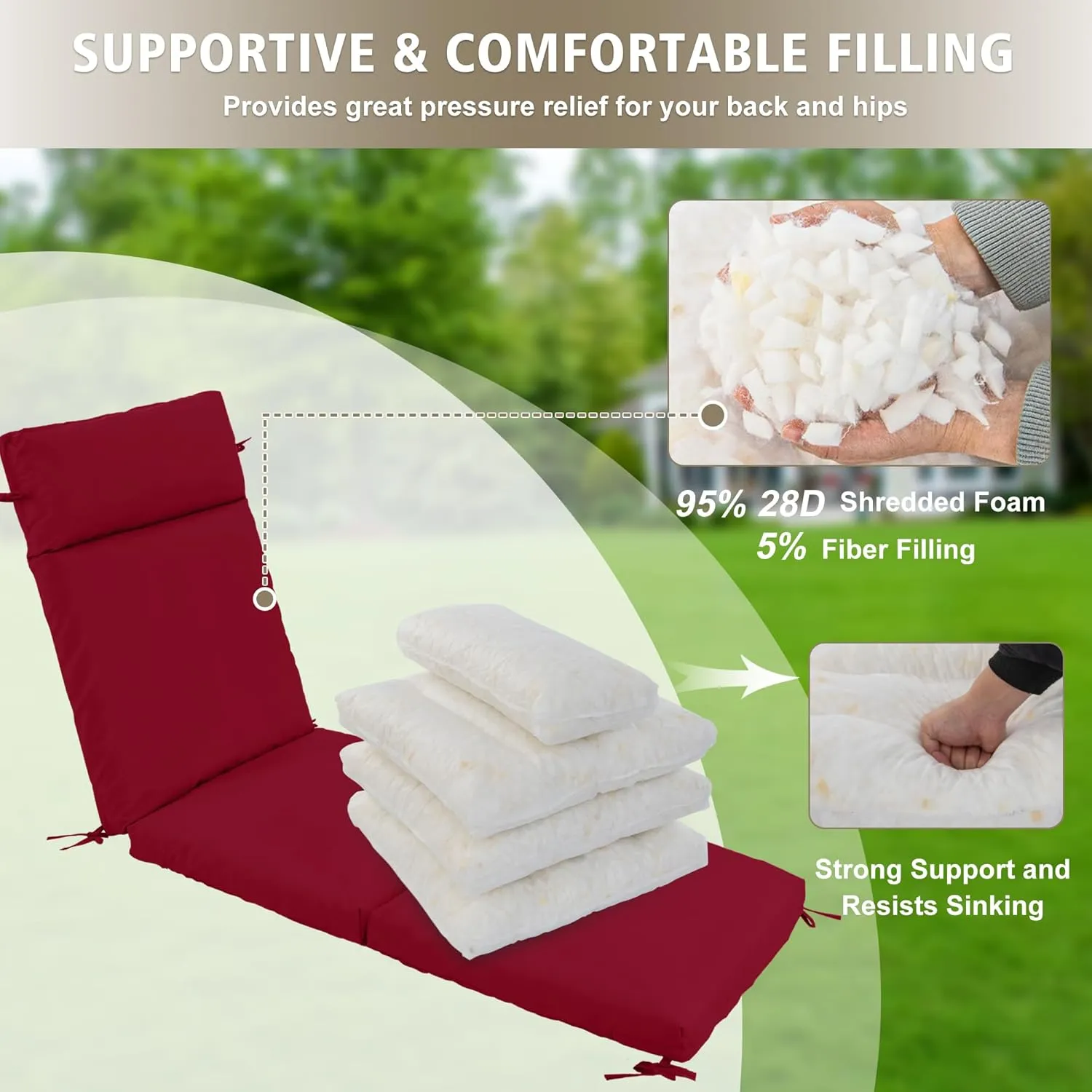 Chaise Lounge Cushion 72x21x3 Inch ?Set of 4 Outdoor Lounge Chair Cushions, Lounger Pad Replacement with Fade-Resistant, Removable & Machine-Washable Covers, Ideal for Patio Chaise Chairs, Burgundy