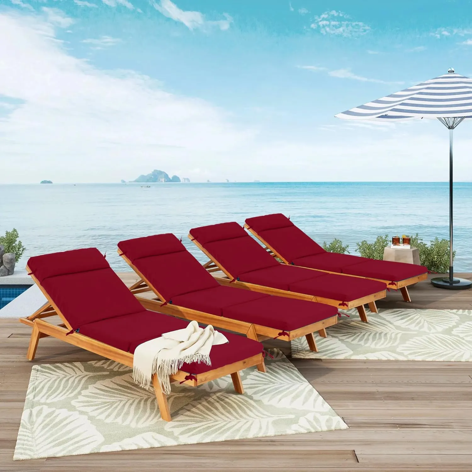 Chaise Lounge Cushion 72x21x3 Inch ?Set of 4 Outdoor Lounge Chair Cushions, Lounger Pad Replacement with Fade-Resistant, Removable & Machine-Washable Covers, Ideal for Patio Chaise Chairs, Burgundy