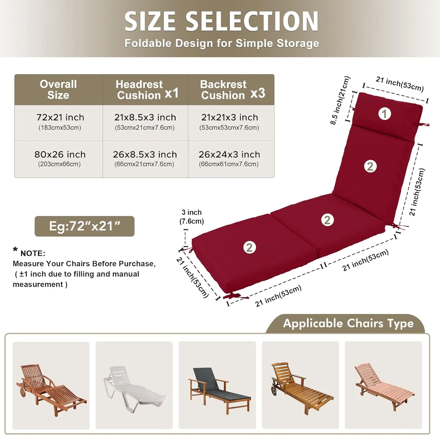 Chaise Lounge Cushion 72x21x3 Inch ?Set of 4 Outdoor Lounge Chair Cushions, Lounger Pad Replacement with Fade-Resistant, Removable & Machine-Washable Covers, Ideal for Patio Chaise Chairs, Burgundy