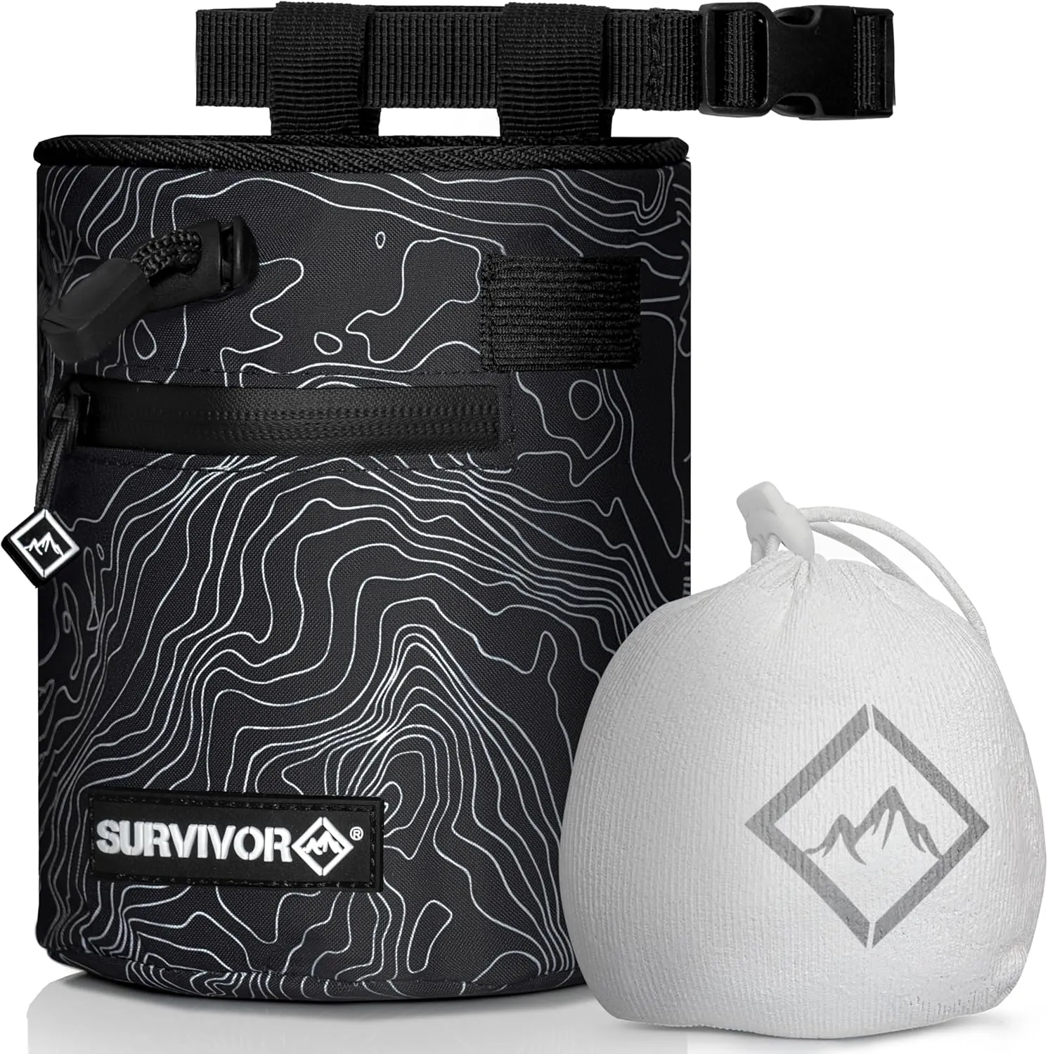 Chalk Bag   Refillable Chalk Ball - Iconic Topographical Map, Draw String Closure, 2 Zippered Pockets, & Brush Holder - Climbing Chalk Bag for Rock Climbing, Bouldering, Weightlifting, Gymnastics