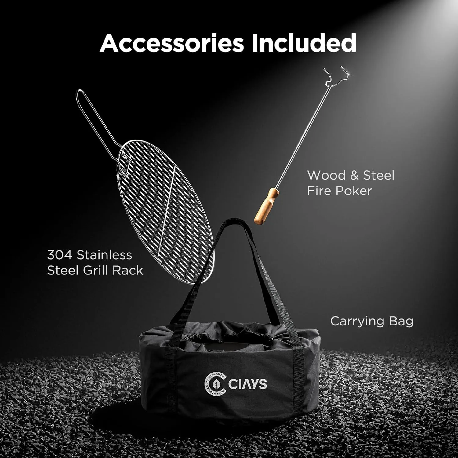 Ciays Smokeless Firepit, 19 Inch Fire Pit for Camping with Patented Technology, Portable Fire Pit for Outside with Steel Grill Rack, Fire Poker, and Bag, Easy Setup and Storage, Wood Burning (Black)