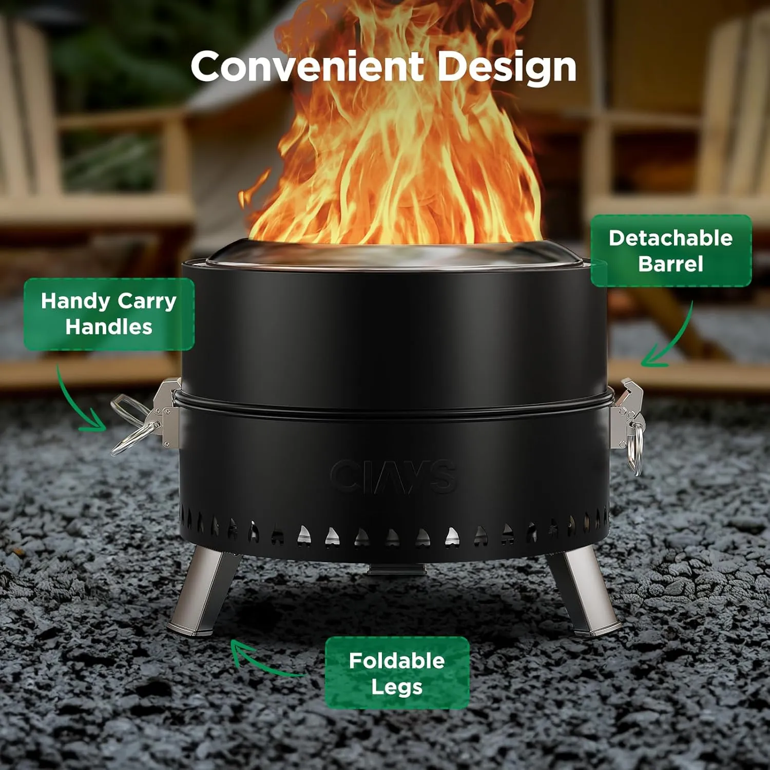Ciays Smokeless Firepit, 19 Inch Fire Pit for Camping with Patented Technology, Portable Fire Pit for Outside with Steel Grill Rack, Fire Poker, and Bag, Easy Setup and Storage, Wood Burning (Black)