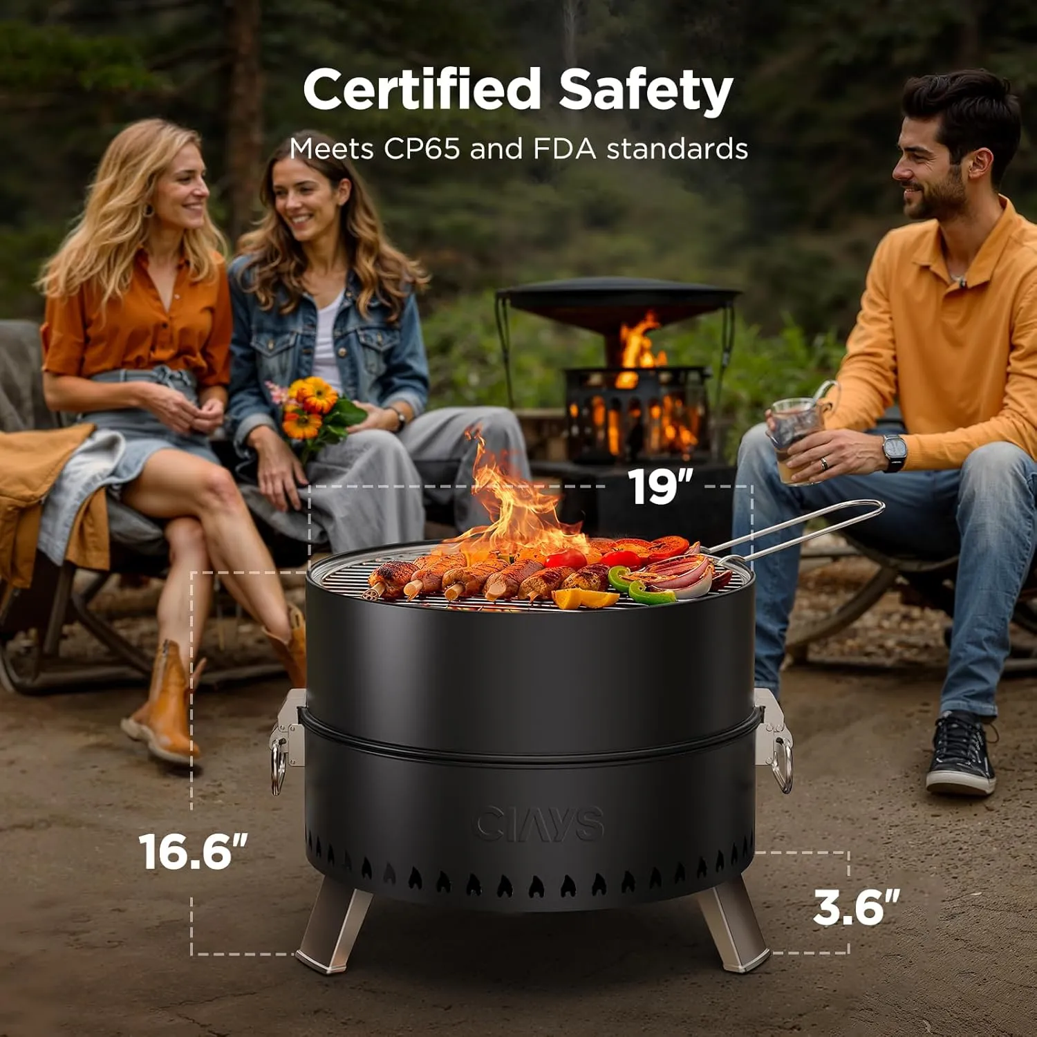 Ciays Smokeless Firepit, 19 Inch Fire Pit for Camping with Patented Technology, Portable Fire Pit for Outside with Steel Grill Rack, Fire Poker, and Bag, Easy Setup and Storage, Wood Burning (Black)
