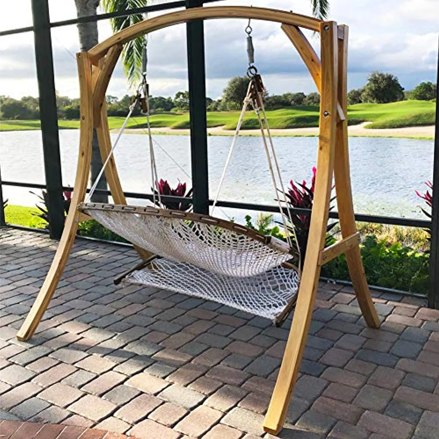 CleverMade Outdoor Hammock Hanging Chair Wooden Arc Stand, Deluxe Russian Pine Hardwood Swing Chair Stand for Outside Indoor Patio Garden Backyard, 450LB Capacity