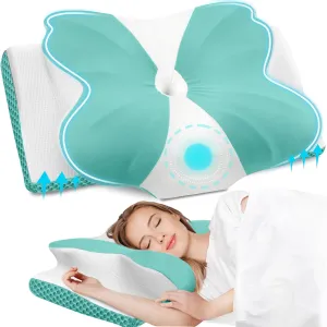 CloudBliss Cervical Memory Foam Pillow for Neck and Shoulder, Contour Neck Support Pillow with Cooling Case, Ergonomic Bed Pillow, Support for Side Back Stomach Sleepers (Green, Queen Size)